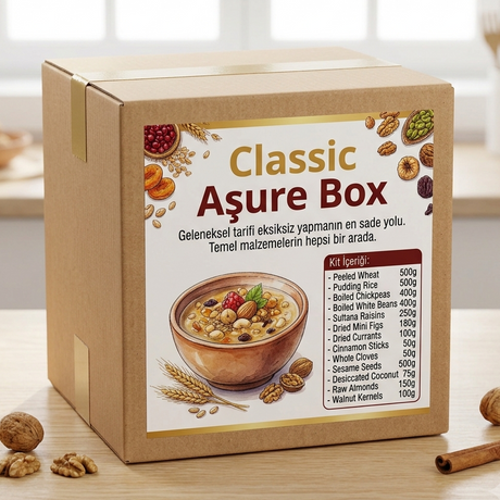 Box labeled 'Classic Aşkre Box' with ingredients on a wooden surface