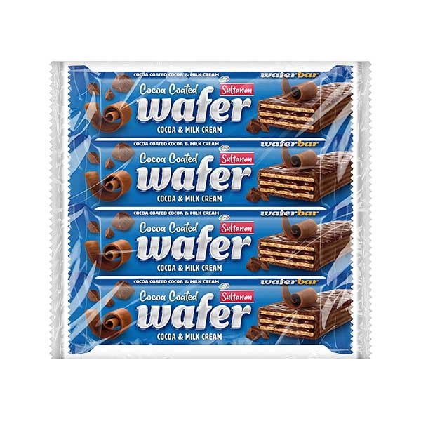 Packaging of Sultanson Cocoa Coated Wafer bars on a white background